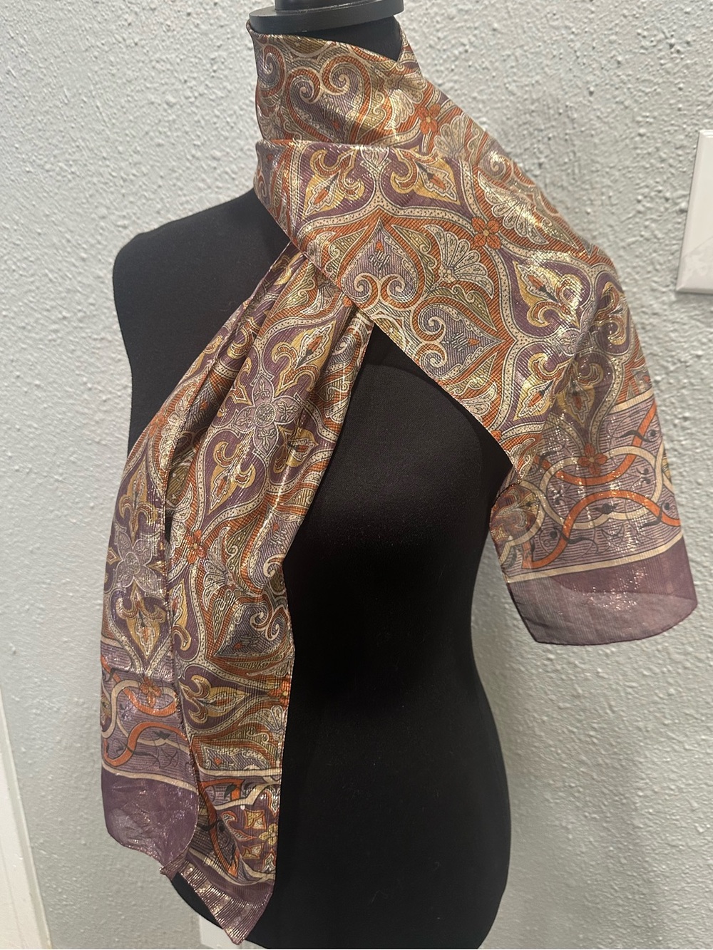 Vintage Oscar de la Renta Studio Metallic Paisley Sheer Scarf Made In Italy